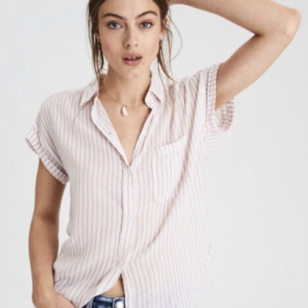 AERIE Pink & White Striped Short Sleeve Button Down Top